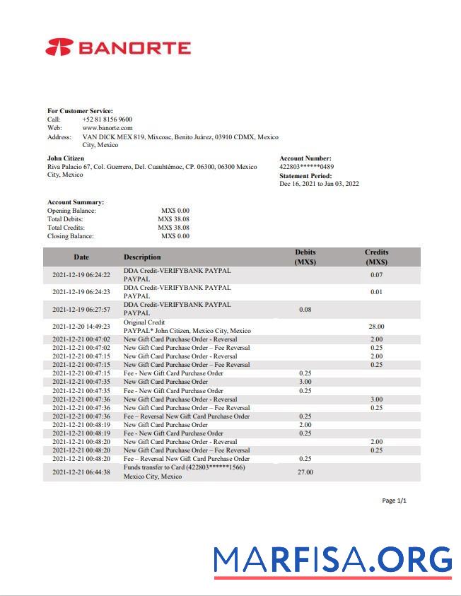 Realistic Mexico Banorte bank statement excel template